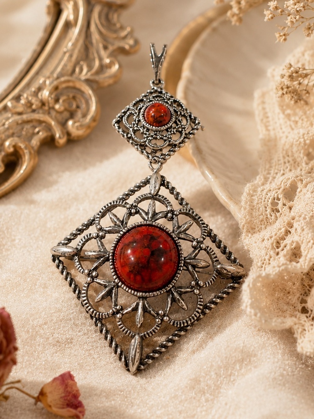 INCA FIRE RED Marbled Necklace Brooch Pin Pendants Vintage 1978 Sarah Coventry